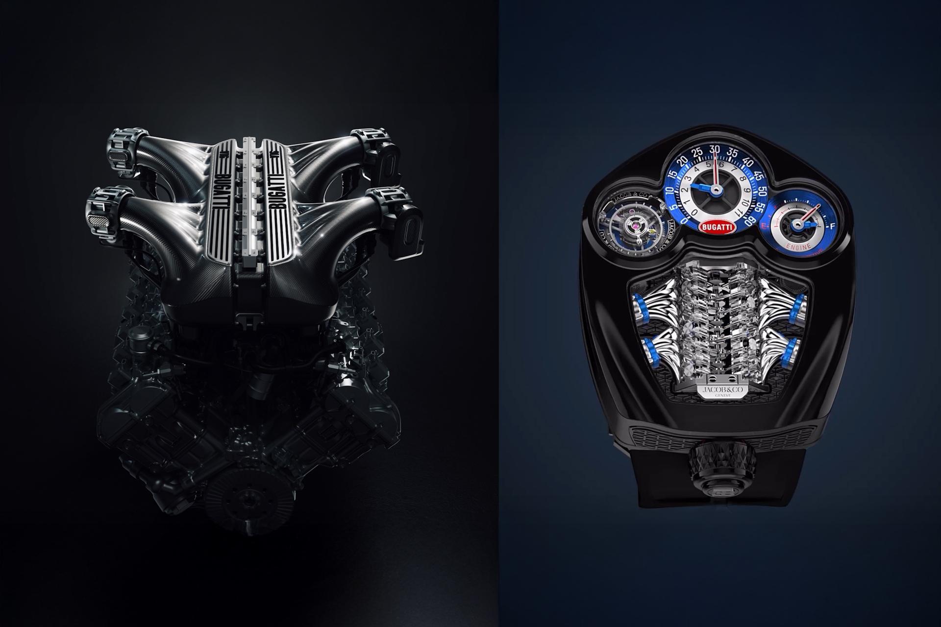 La montre Bugatti Tourbillon V16 de Jacob & Co posée à côté