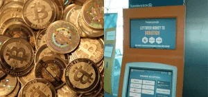 Un distributeur permet aux voyageurs d’échanger leurs devises contre des bitcoins