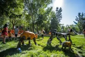 des visiteurs émerveillés découvrent les crawlybots lors de l'innovation showcase à Gravesend.