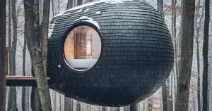 Cette cabane flottante révolutionne la maison dans les arbres avec un design inspiré des boursouflures de tronc d&rsquo;arbre