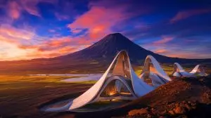 Ce duo de tours futuristes, aussi majestueux qu'un titan, s'élève audacieusement à l'ombre d'un volcan au potentiel redoutable