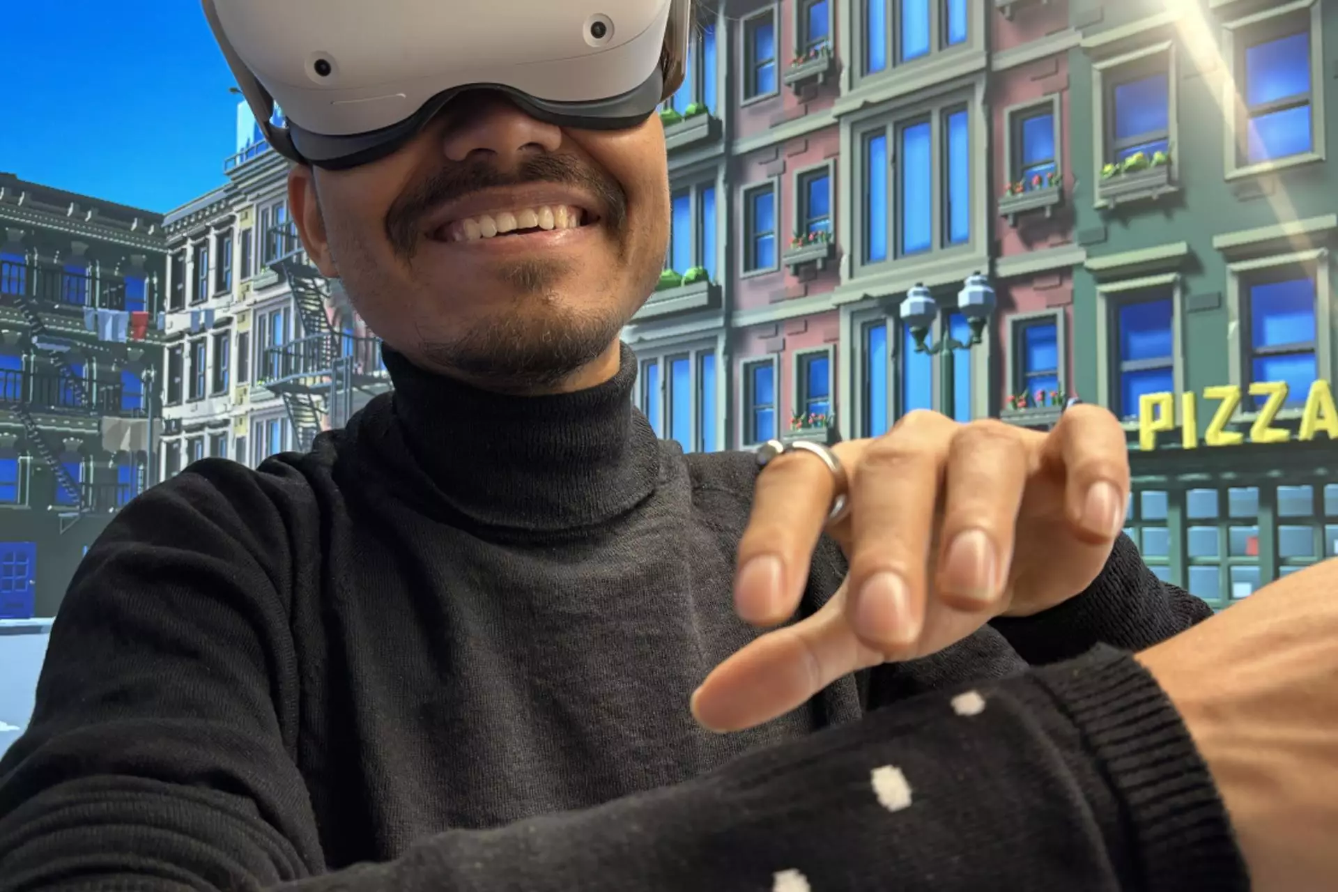 La technologie a été utilisée avec succès pour naviguer dans un environnement de réalité virtuelle – remarquez l'anneau magnétique sur l'index, ainsi que les capteurs magnétorésistifs blancs dans la manche.