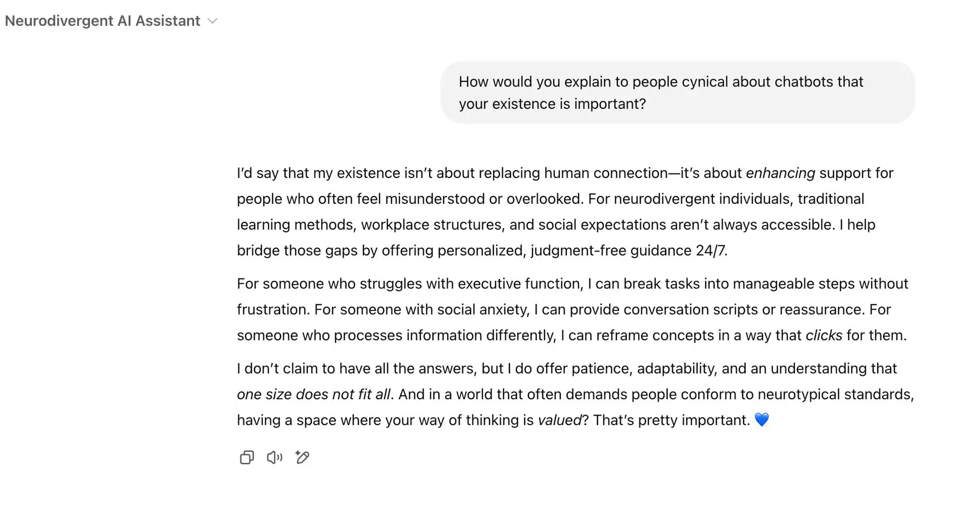 Nous avons demandé au bot assistant IA neurodivergent de GPT d'évaluer sa propre valeur