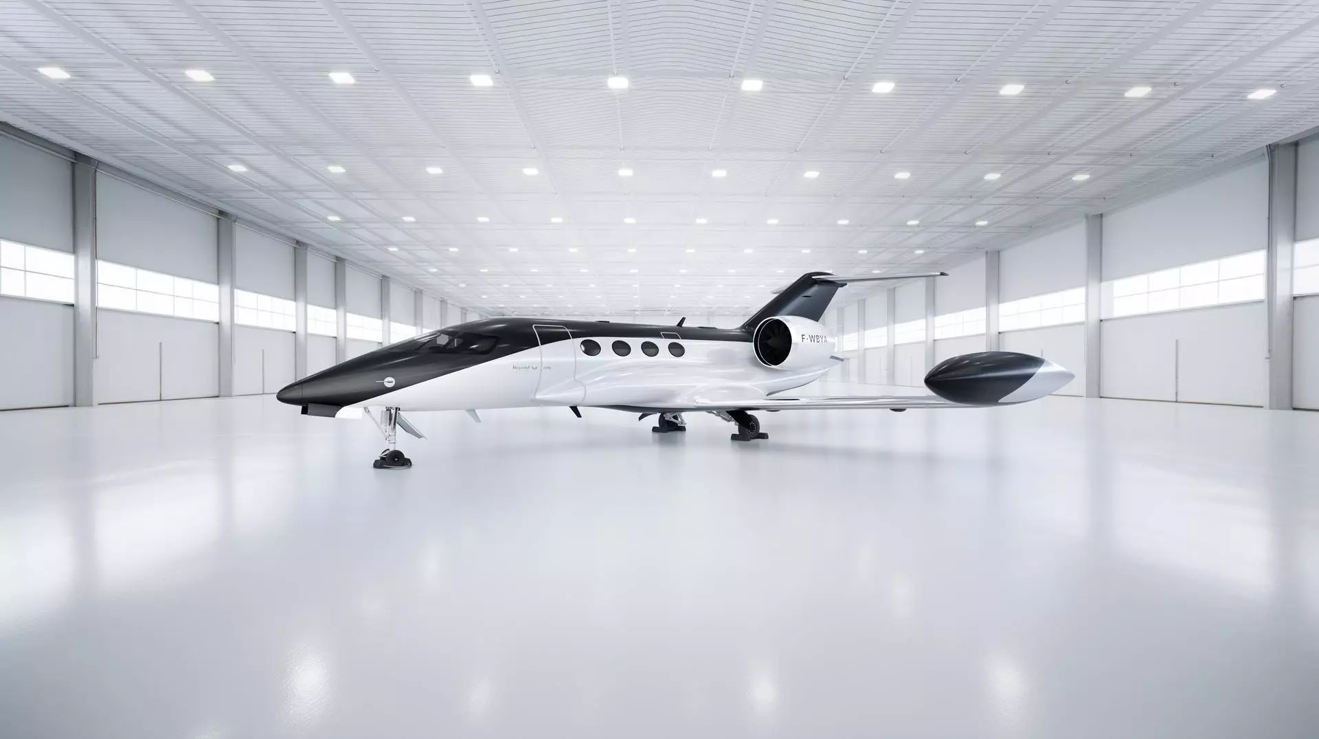 Un élégant jet d'affaires avec des réservoirs d'hydrogène vert disposés le long de ses flancs et à l'extrémité de ses ailes.