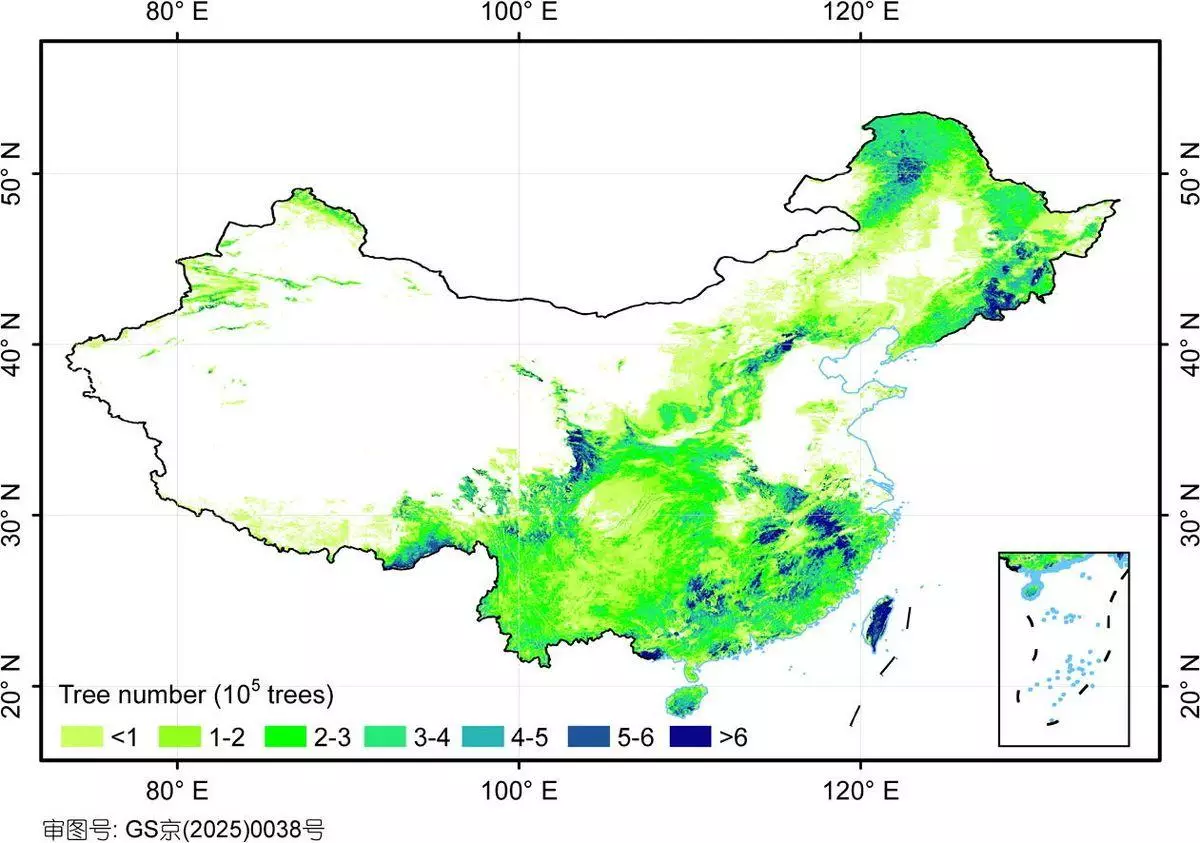 Carte de la Chine avec des couleurs indiquant la densité et la répartition des arbres.