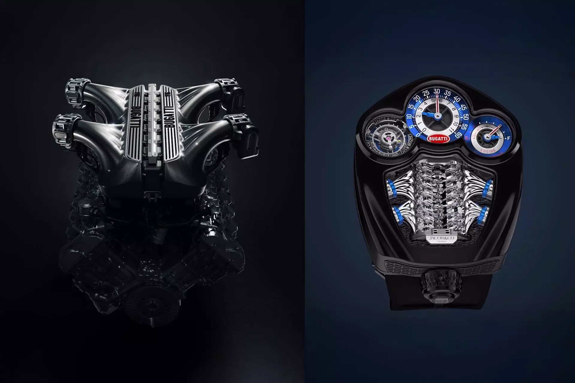 La montre Bugatti Tourbillon V16 de Jacob & Co posée à côté