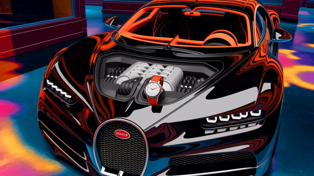 Illustration de la Bugatti Tourbillon V16 et la montre Jacob & Co. (création par IA, illustration non réaliste). Crédit : Ideogram.