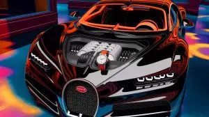 Illustration de la Bugatti Tourbillon V16 et la montre Jacob & Co. (création par IA, illustration non réaliste). Crédit : Ideogram.