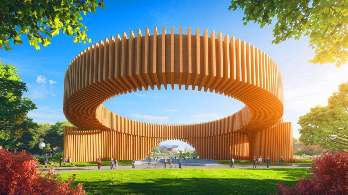 Illustration de la plus grande structure architecturale en bois au monde, le Grand Anneau d'Osaka (création par IA, illustration non réaliste). Crédit : Ideogram.