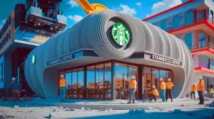 Illustration de la construction du premier café Starbucks imprimé en 3D à Brownsville, Texas (création par IA, illustration non réaliste). Crédit : Ideogram.