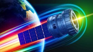 Illustration de satellites mesurant leur vitesse en orbite terrestre grâce à des capteurs de particules chargées (création par IA, illustration non réaliste).