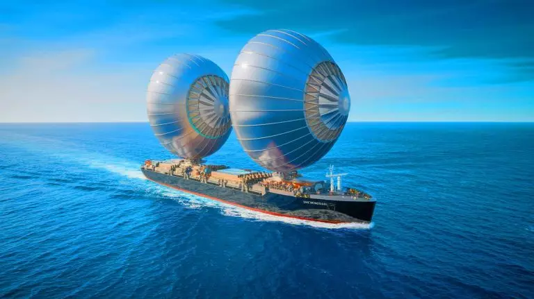 Illustration de Windcoop, le premier porte-conteneurs propulsé par l'énergie éolienne (création par IA, illustration non réaliste). Crédit : Ideogram.