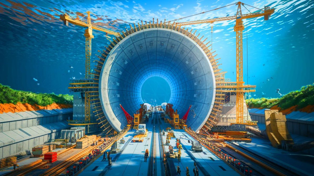 Illustration du tunnel de Fehmarn Belt reliant le Danemark à l'Allemagne (création par IA, illustration non réaliste). Crédit : Ideogram.