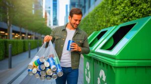 Illustration de Damian Gordon finançant sa maison grâce au recyclage de canettes (création par IA, illustration non réaliste).
