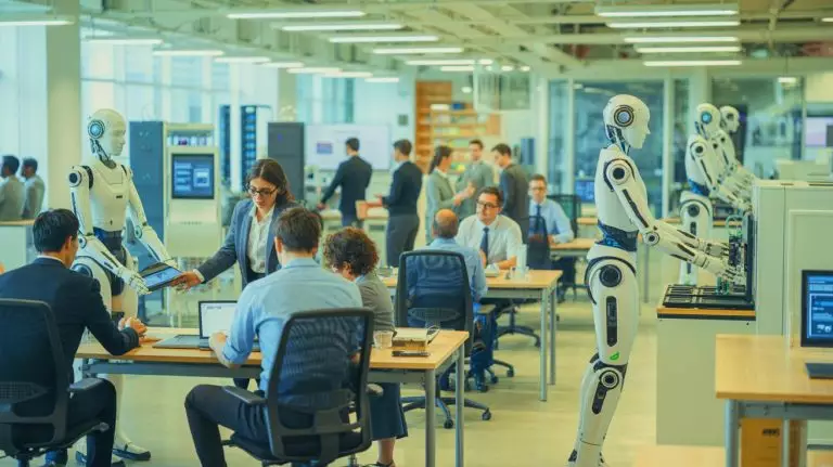 Illustration de l'automatisation des tâches chez IBM avec des robots remplaçant des employés. Image réalisée par IA.