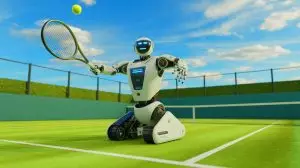 Illustration de Tenniix, le robot coach de tennis révolutionnaire utilisant l'intelligence artificielle. Image réalisée par IA.