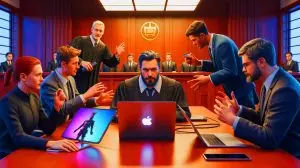 Illustration de la bataille juridique entre Apple et Epic Games concernant les taxes de l'App Store (création par IA, illustration non réaliste). Crédit : Ideogram.
