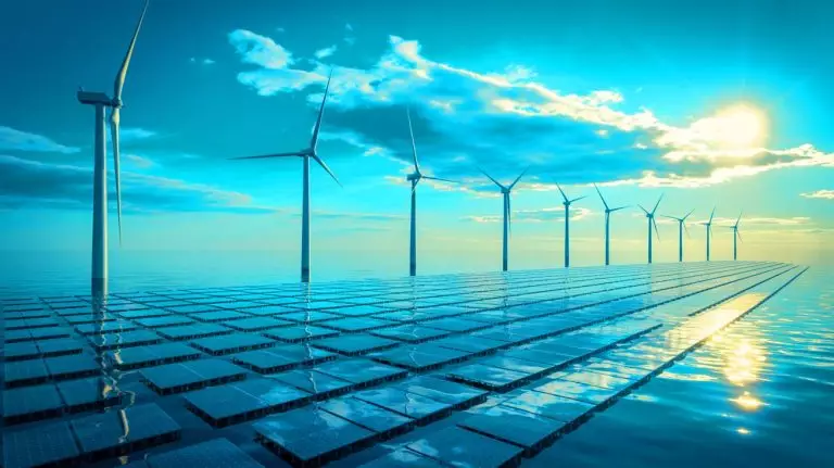 Illustration de la combinaison des énergies solaire et éolienne offshore dans la mer du Nord. Image réalisée par IA.