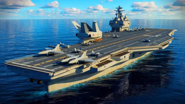 Illustration de la construction du futur porte-avion français, le plus grand d'Europe. Image réalisée par IA.