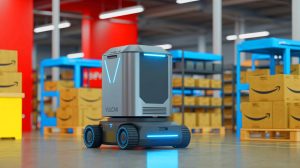Illustration de Vulcan, le robot tactile d'Amazon, optimisant les tâches en entrepôt (création par IA, non réaliste).
