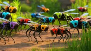 Illustration de robots-essaims inspirés par la nature accomplissant des tâches complexes sans intelligence artificielle. Image réalisée par IA.