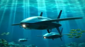Illustration de drones sous-marins autonomes surveillant les profondeurs océaniques. Image réalisée par IA.