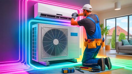 Illustration de techniciens CVC installant un système de climatisation. Image réalisée par IA.