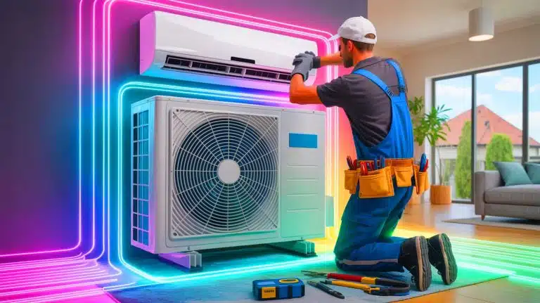« Aucun diplôme, gros revenus, zéro IA » : ce métier sous-estimé devient un jackpot pour ceux qui s’y lancent Illustration de techniciens CVC installant un système de climatisation. Image réalisée par IA.