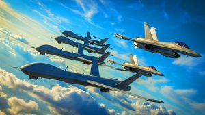 Illustration de drones semi-autonomes de combat aux côtés d'avions militaires modernes (création par IA, illustration non réaliste).