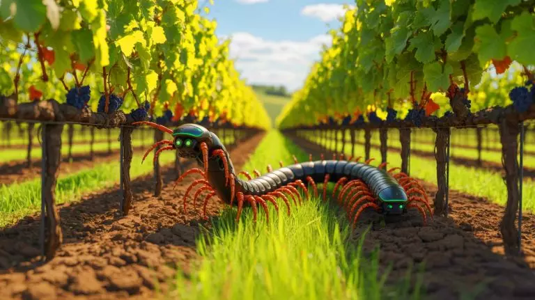 Illustration de robots mille-pattes naviguant dans un vignoble pour le désherbage. Image réalisée par IA.