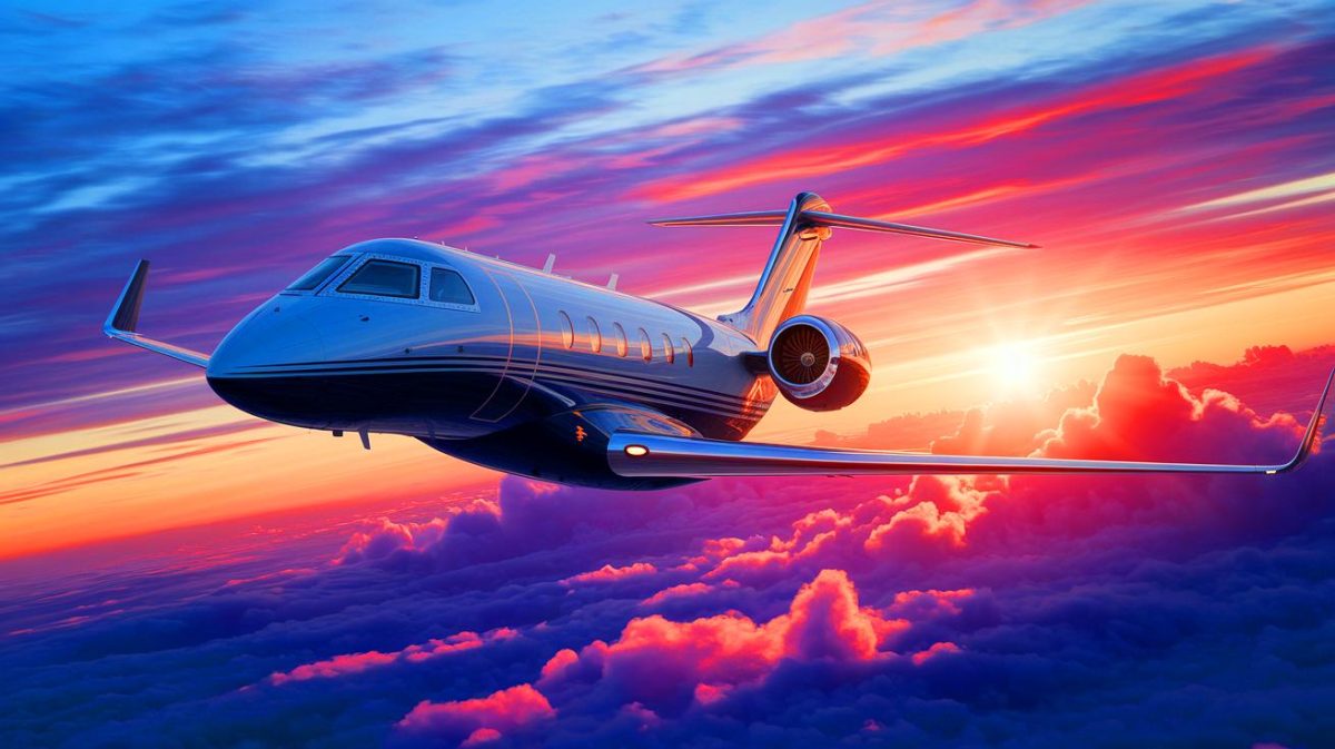 Illustration de l'avion d'affaires Bombardier Global 8000 en vol à grande vitesse (création par IA, illustration non réaliste). Crédit : Ideogram.