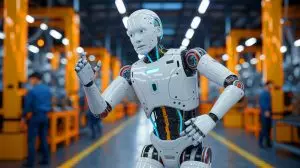 Illustration de l'incident impliquant un robot humanoïde Unitree H1 perdant le contrôle dans une usine chinoise (création par IA, non réaliste). Crédit : Ideogram