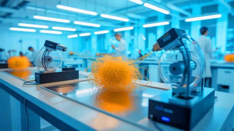 Illustration de spaghettis ultrafins en nanofibres pour des applications médicales. Image réalisée par IA.