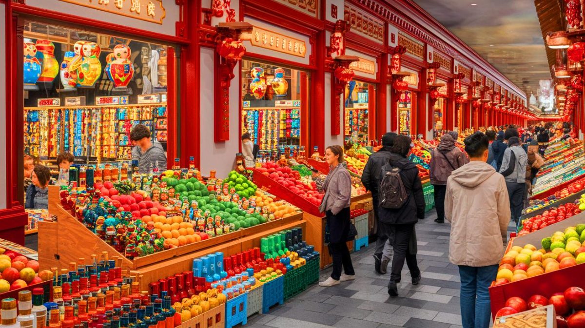 Illustration de l'essor des magasins russes en Chine et des paradoxes du commerce mondialisé (création par IA, illustration non réaliste). Crédit : Ideogram.