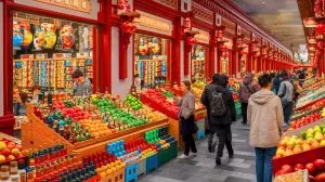 Illustration de l'essor des magasins russes en Chine et des paradoxes du commerce mondialisé (création par IA, illustration non réaliste). Crédit : Ideogram.