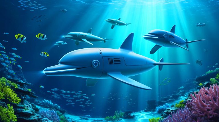 Illustration de drones sous-marins autonomes de la Royal Navy détectant des sous-marins russes. Image réalisée par IA.