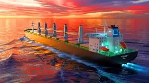 Illustration de navires propulsés par des réacteurs nucléaires micromodulaires pour une autonomie de dix ans. Image réalisée par IA.