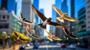 Illustration de drones ornithoptères inspirés par le vol des oiseaux pour des missions de reconnaissance et de frappe. Image réalisée par IA.