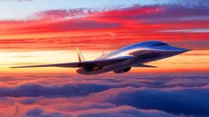 Illustration de l'avion supersonique C949 de Comac volant au-dessus des nuages (création par IA, non réaliste). Crédit : Ideogram