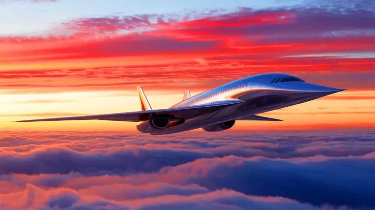 Illustration de l'avion supersonique C949 de Comac volant au-dessus des nuages (création par IA, non réaliste). Crédit : Ideogram