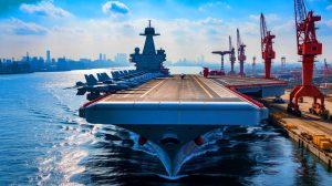 Illustration de l'immense navire mystérieux dans le port de Guangzhou (création par IA, non réaliste).