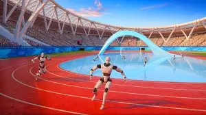 Illustration des Jeux Mondiaux de Robots Humanoïdes à Pékin montrant des robots en compétition (création par IA, non réaliste). Crédit : Ideogram