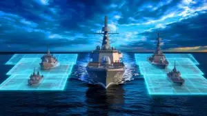 Illustration de navires de guerre utilisant une technologie de brouillage pour apparaître comme une flotte entière (création par IA, non réaliste). Crédit : Ideogram