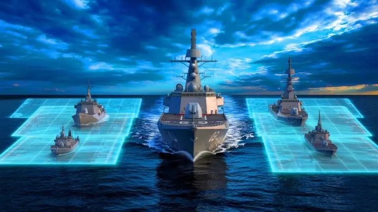 Illustration de navires de guerre utilisant une technologie de brouillage pour apparaître comme une flotte entière (création par IA, non réaliste). Crédit : Ideogram