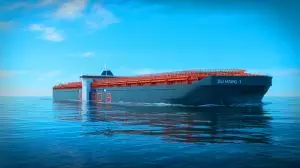 Illustration de l'innovation chinoise avec le "Su Hai No 1", premier navire d'élevage de saumons. Image réalisée par IA.