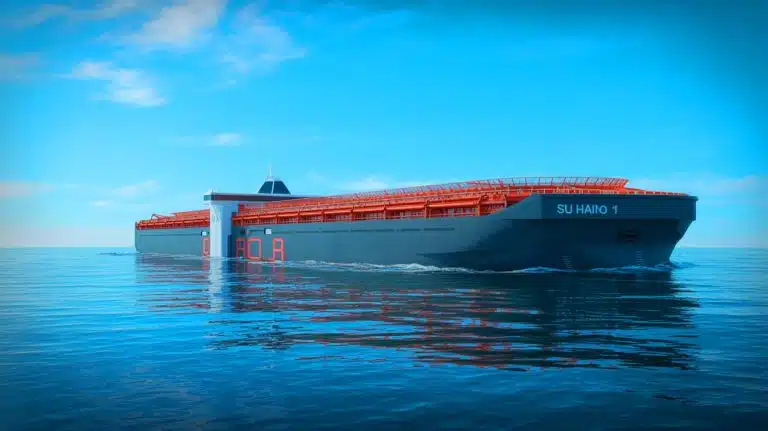 « Ils transforment l’océan en usine vivante » : la Chine lance un navire gigantesque d’élevage de saumon qui fait frémir les experts Illustration de l'innovation chinoise avec le "Su Hai No 1", premier navire d'élevage de saumons. Image réalisée par IA.