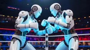 Illustration de robots humanoïdes en plein match de boxe. Image réalisée par IA.