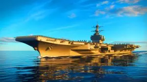 Illustration de l'USS Gerald R. Ford, le plus grand porte-avions du monde, symbole de suprématie navale. Image réalisée par IA.