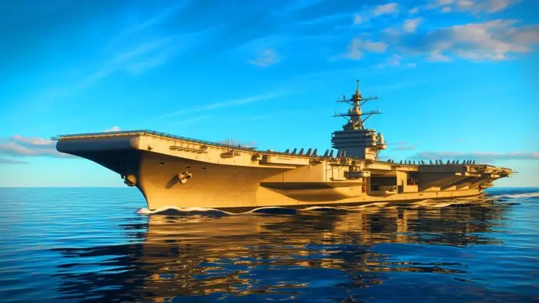Illustration de l'USS Gerald R. Ford, le plus grand porte-avions du monde, symbole de suprématie navale. Image réalisée par IA.
