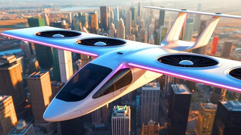 Illustration de l'eVTOL Cavorite X7 de Horizon Aircraft en vol. Image réalisée par IA.